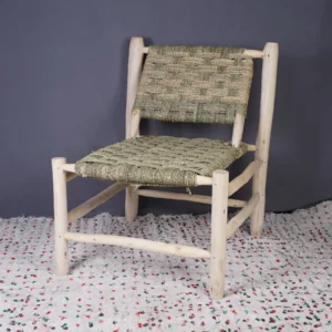 Handmade Wooden Lounge Chair with Woven Palm Seat and Back – Rustic Moroccan Design