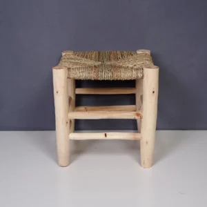 Handcrafted Rustic Wooden Stool with Woven Palm Seat – Traditional Moroccan Design