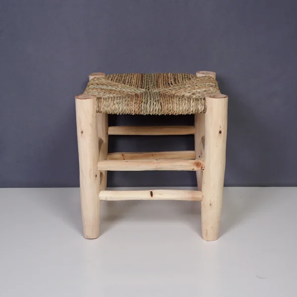Handcrafted Rustic Wooden Stool with Woven Palm Seat – Traditional Moroccan Design