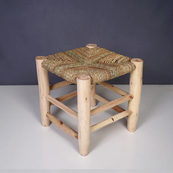 Handcrafted Rustic Wooden Stool with Woven Palm Seat – Traditional Moroccan Design - Image 4